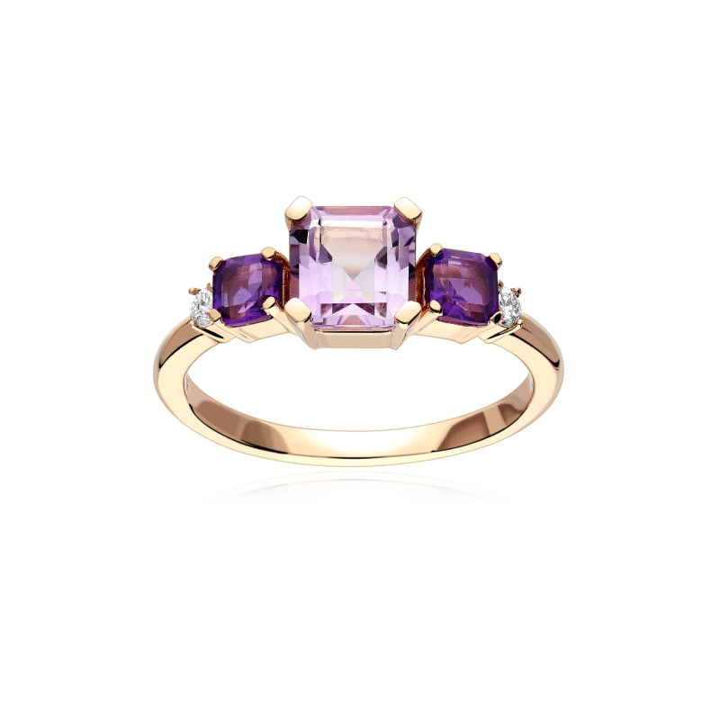 Anillo Oro Rosa 18k, amatistas y diamantes 0.07cts "Linéa"