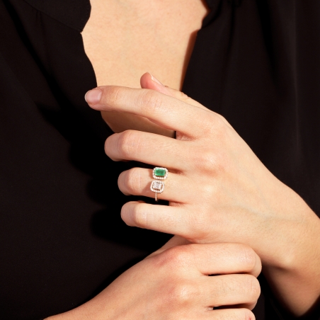 Anillo Oro 18k, esmeralda y diamantes 0.41cts "Doublé"