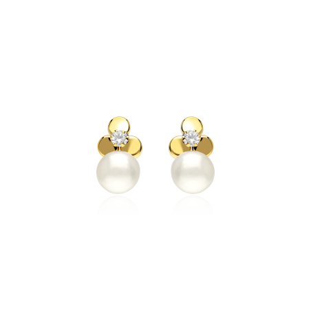 Pendientes Oro 18k, circonitas y perlas "Trebi"