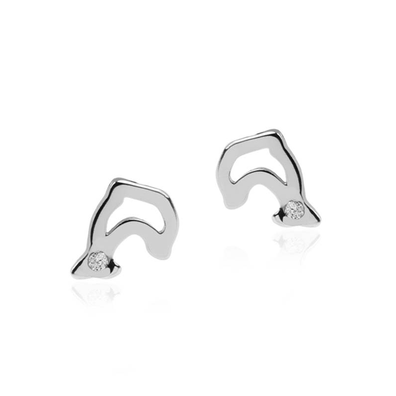 Pendientes Oro Blanco de 18k Delfin con circonitas