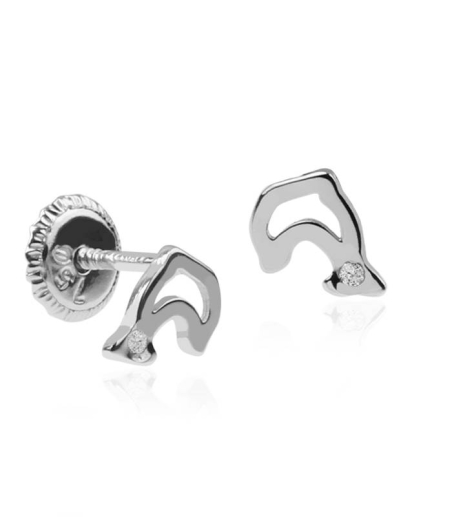 Pendientes Oro Blanco de 18k Delfin con circonitas