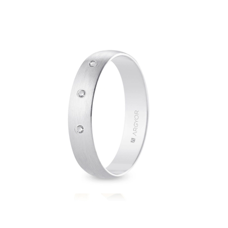 Alianza de boda oro blanco 9k acabado satinado con tres diamantes interior plano 4.5 mm