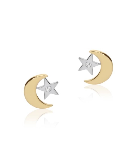 Pendientes "Luna Estrellada" Oro Bicolor 18k y circonitas
