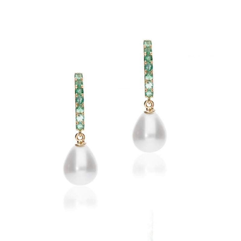 Pendientes "Emerald Pearl" Oro 18k. Perlas cultivadas y esmeraldas