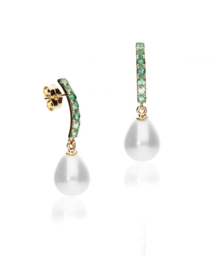 Pendientes "Emerald Pearl" Oro 18k. Perlas cultivadas y esmeraldas