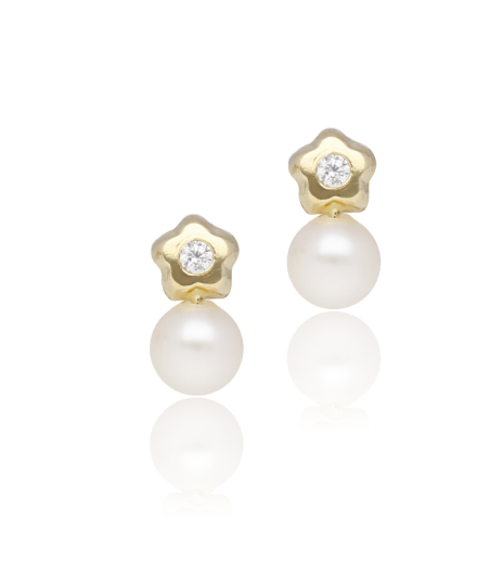 Pendientes de estrella en oro 18k con circonita y perla