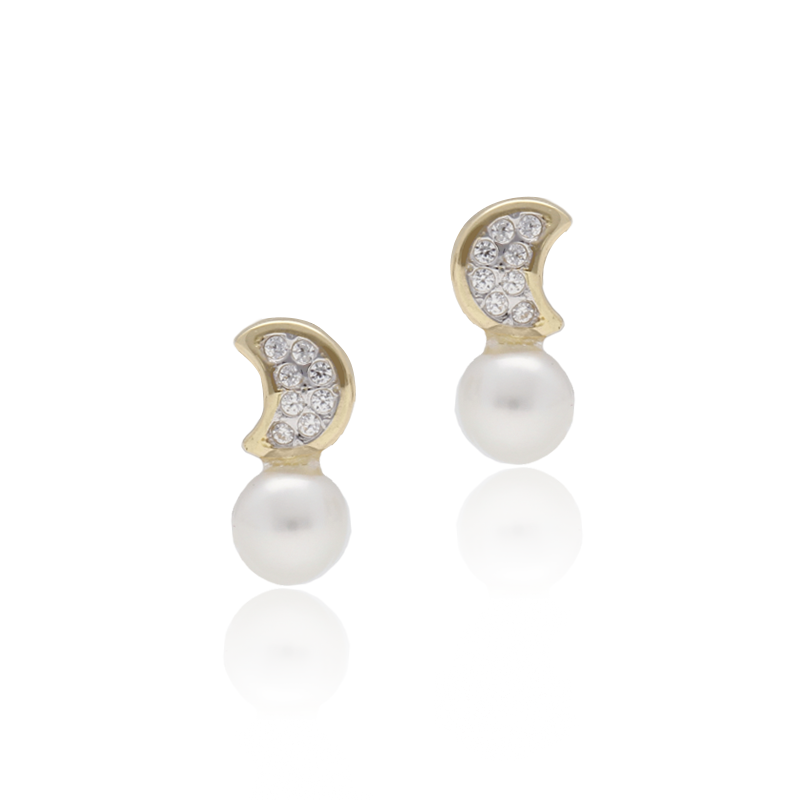 Pendientes de luna en oro 18k con circonitas y perla