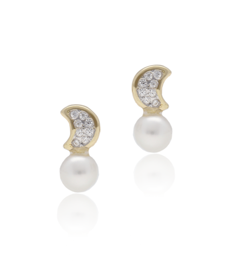 Pendientes de luna en oro 18k con circonitas y perla
