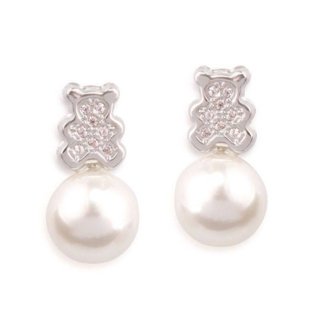 Pendientes "Baby Bear" Osito Oro Blanco 18k y perla