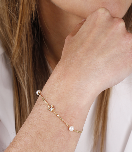 Pulsera Oro 18k circonitas y perlas 16.5cm "Astros"