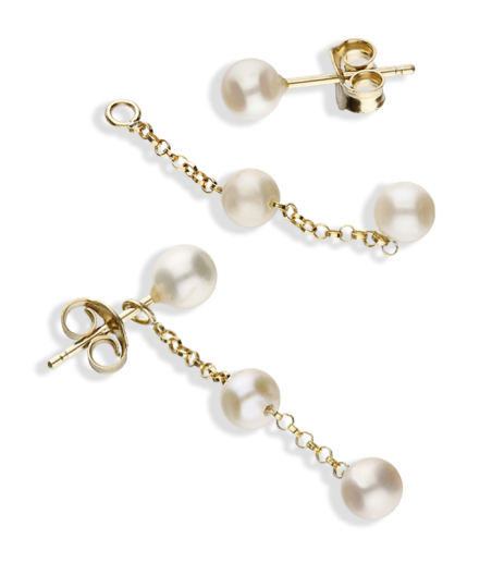 Pendientes Plata Dorada Largos con tres perlas