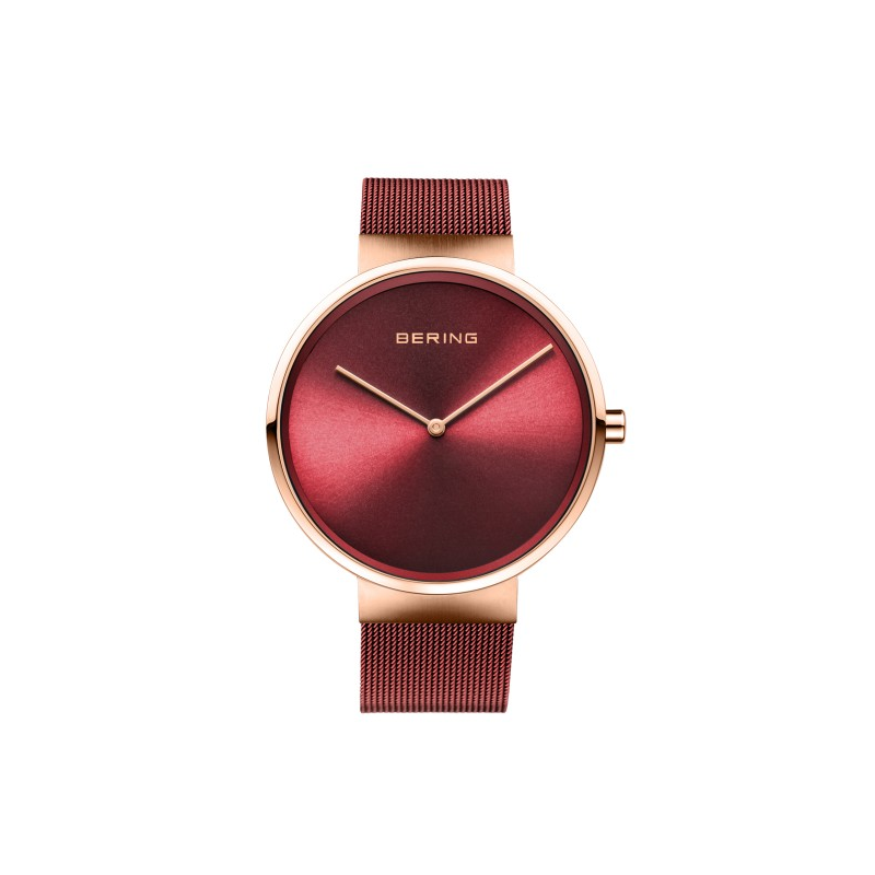Reloj bering rojo con correa de malla milanesa y caja rosada 14539-363