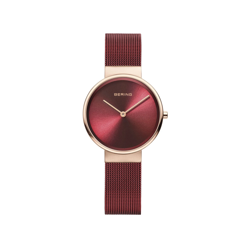 Reloj bering rojo con correa de malla milanesa y caja rosada 14531-363