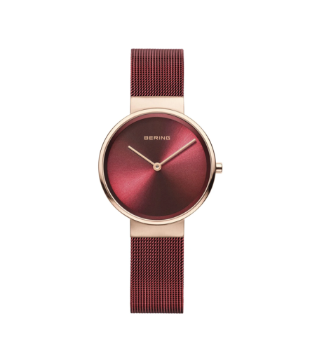 Reloj bering rojo con correa de malla milanesa y caja rosada 14531-363