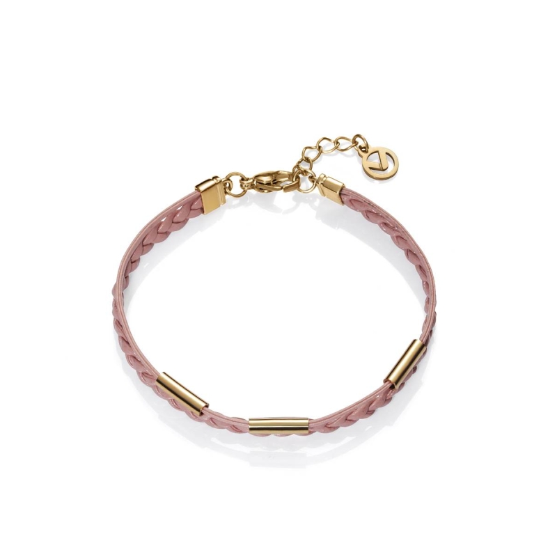 PULSERA ACERO DORADO PIEL ROSA SRA FN