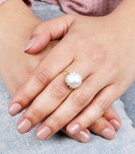 Anillo Oro 18k perla y circonitas "Mabe"