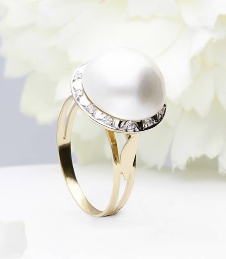 Anillo Oro 18k perla y circonitas "Mabe"