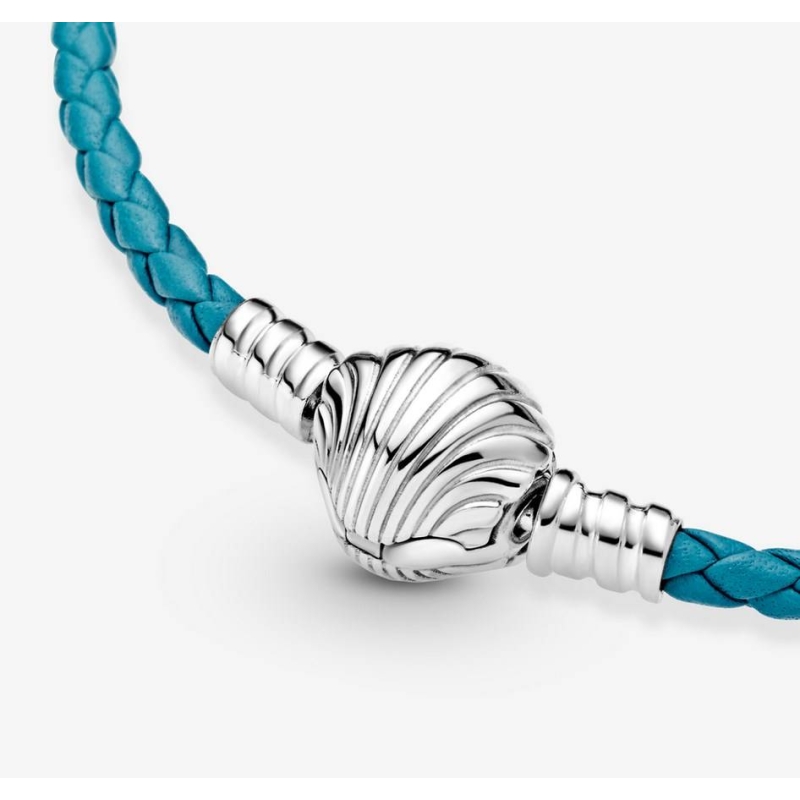 Pulsera Pandora Moments en cuero trenzado turquesa con cierre de concha ...