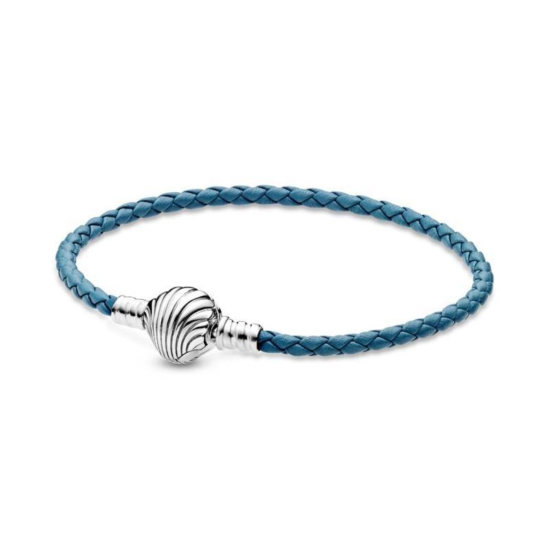 Pulsera Pandora Moments en cuero trenzado turquesa con cierre de concha 598951C01