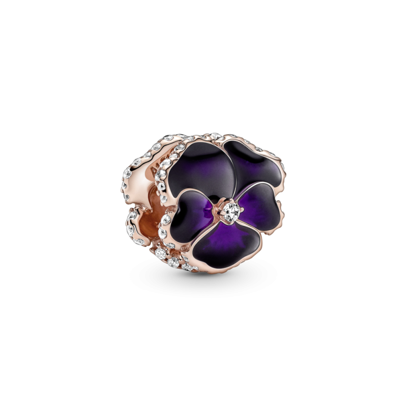 CHARM PANDORA CON BAÑO ORO ROSA 14K FLOR PENSAMIENTO MORADO 780777C01