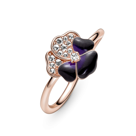 ANILLO PANDORA BAÑO ORO ROSA 14K FLOR PENSAMIENTO MORADO 180764C01