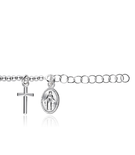 PULSERA PLATA DE LEY DE BOLAS CON CRUZ Y VIRGEN MILAGROSA 0615109