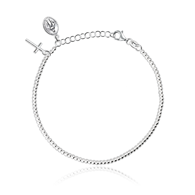 PULSERA PLATA DE LEY DE BOLAS CON CRUZ Y VIRGEN MILAGROSA 0615109